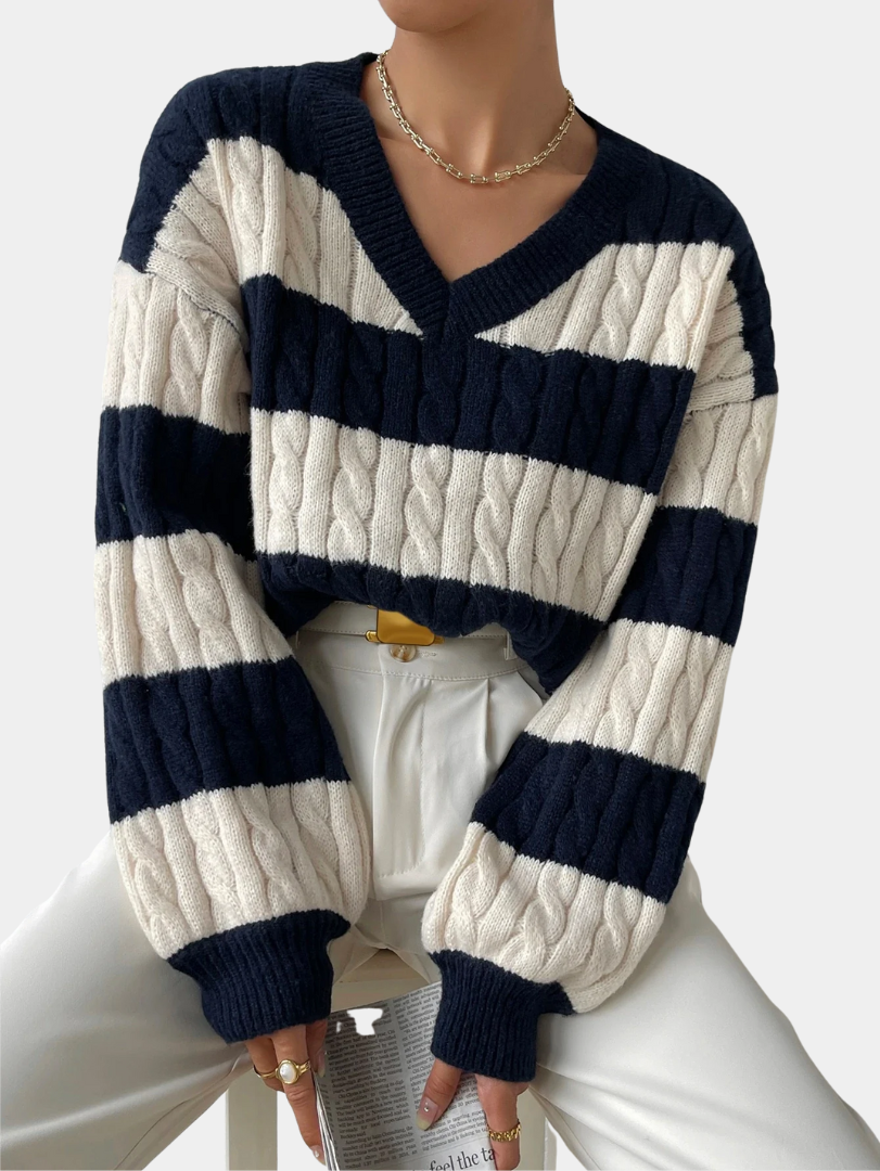 Classic Cable-Knit Striped Sweater