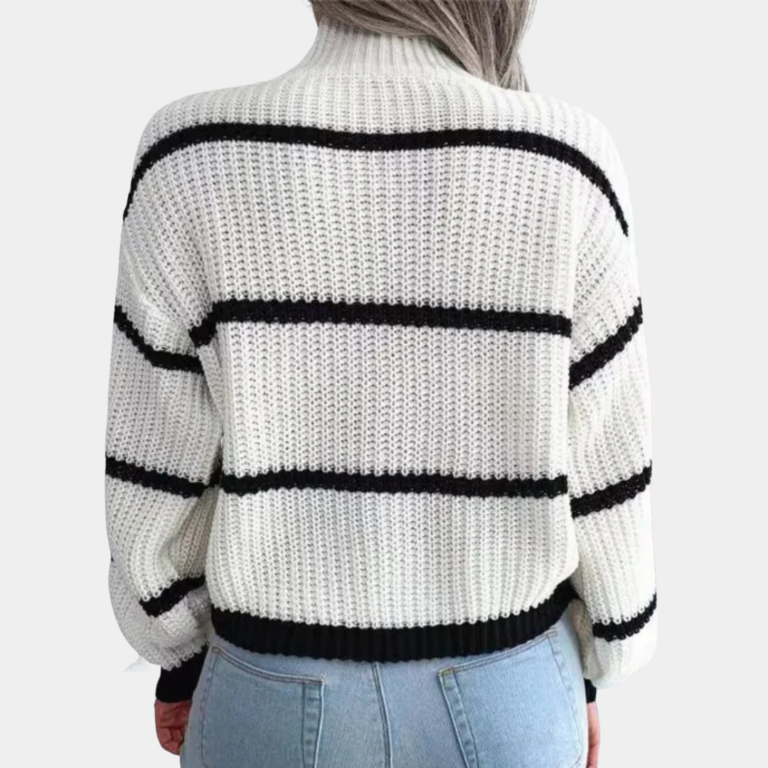 Classic Black & White Stripe Mock-Neck Sweater