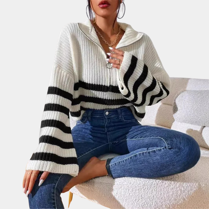 Women’s Contrast Stripe Zip-Up Knit Sweater