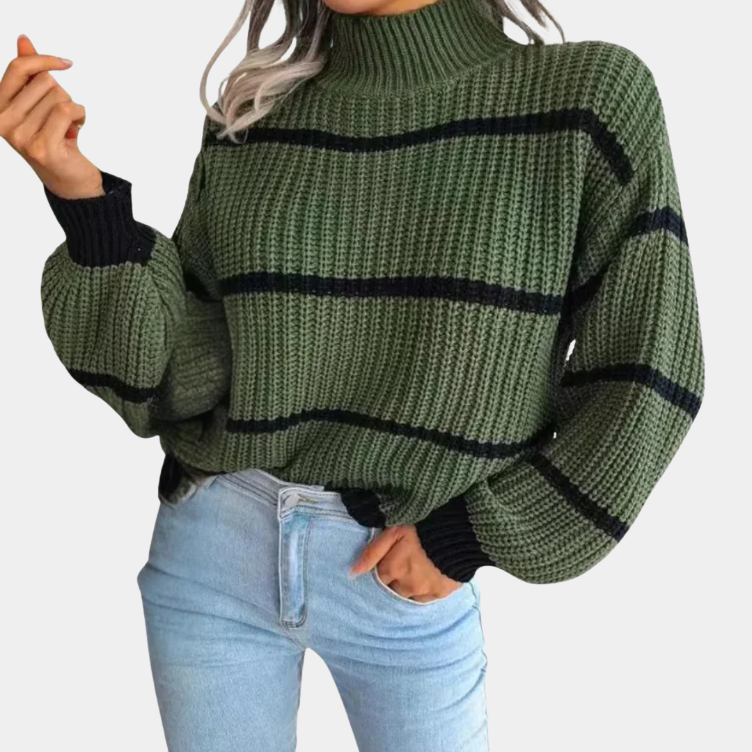 Classic Black & White Stripe Mock-Neck Sweater