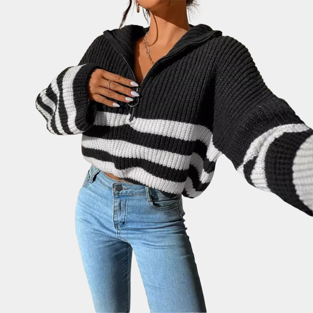 Women’s Contrast Stripe Zip-Up Knit Sweater