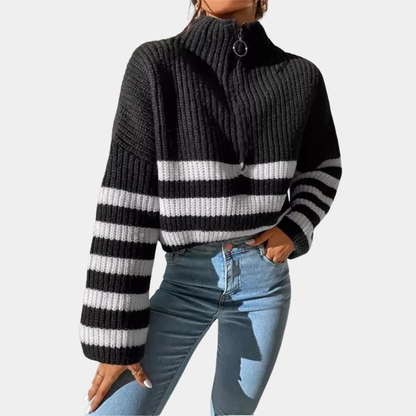 Women’s Contrast Stripe Zip-Up Knit Sweater