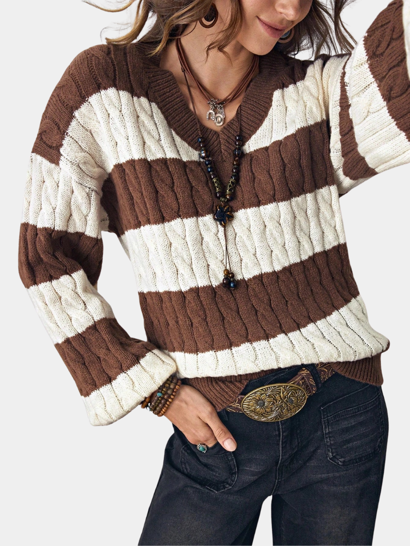Classic Cable-Knit Striped Sweater