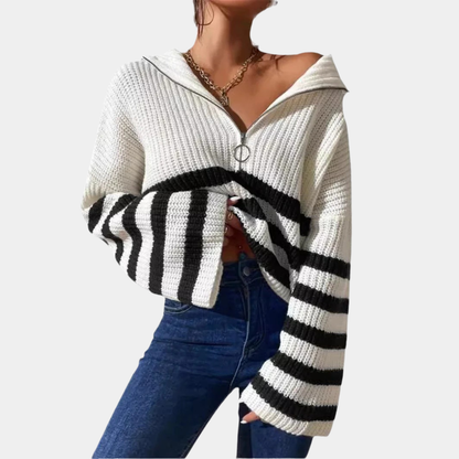Women’s Contrast Stripe Zip-Up Knit Sweater