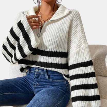 Women’s Contrast Stripe Zip-Up Knit Sweater