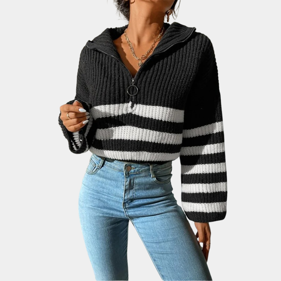 Women’s Contrast Stripe Zip-Up Knit Sweater