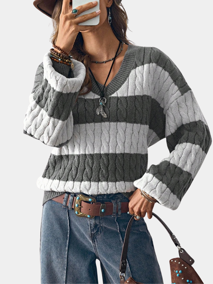 Classic Cable-Knit Striped Sweater