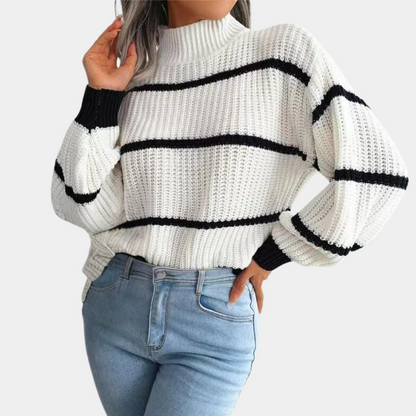 Classic Black & White Stripe Mock-Neck Sweater