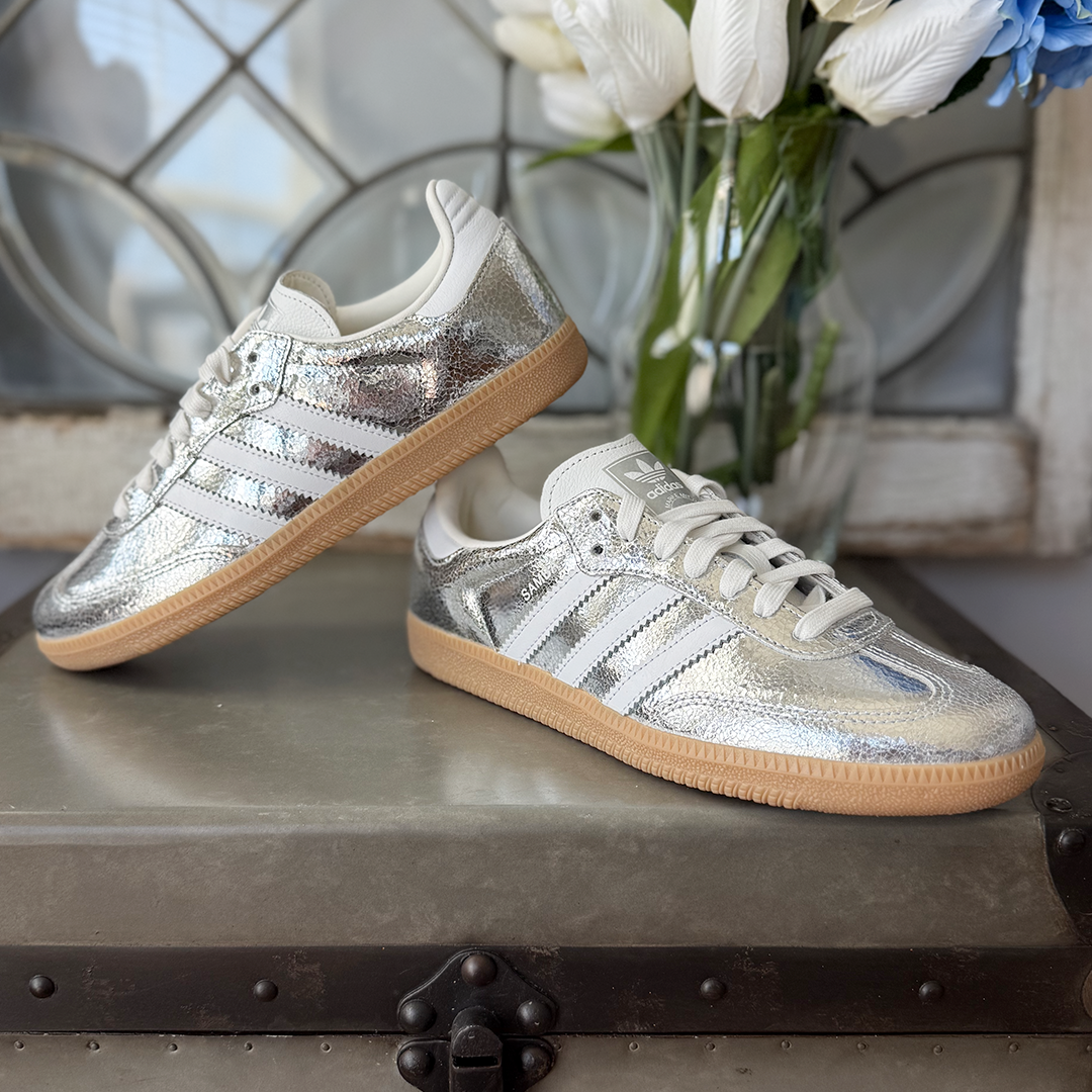 AD Samba OG Women Metallic Cracked Silver Leather Sneakers