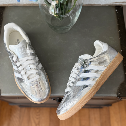 AD Samba OG Women Metallic Cracked Silver Leather Sneakers