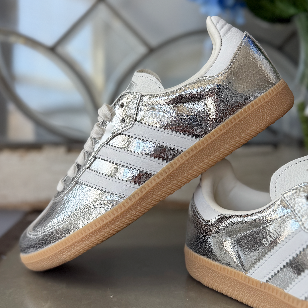 AD Samba OG Women Metallic Cracked Silver Leather Sneakers