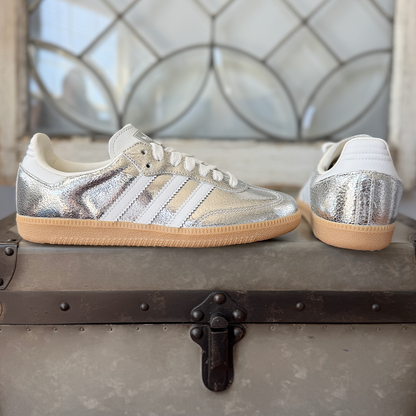 AD Samba OG Women Metallic Cracked Silver Leather Sneakers