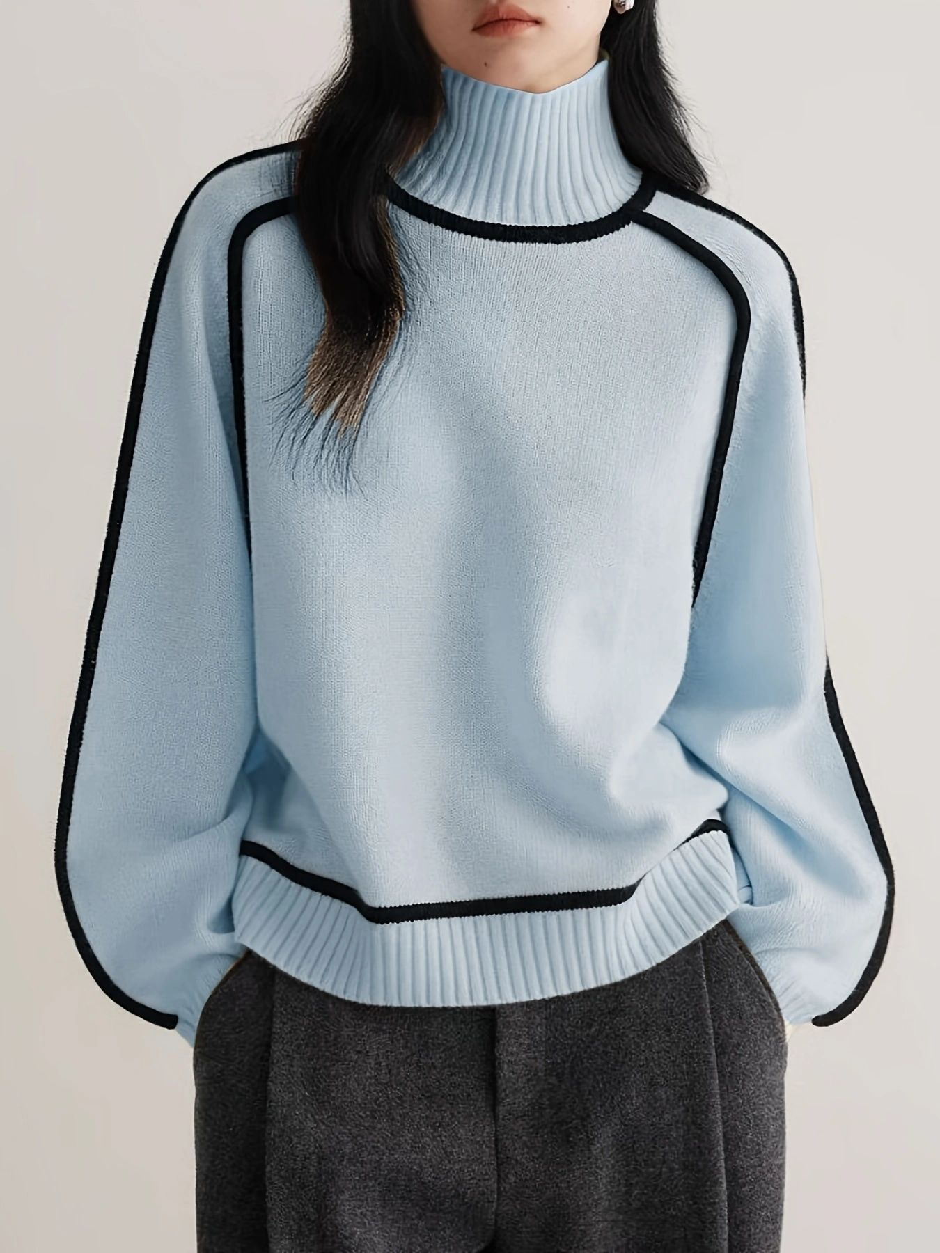 Cozy Contrast-Trim Turtleneck Sweater