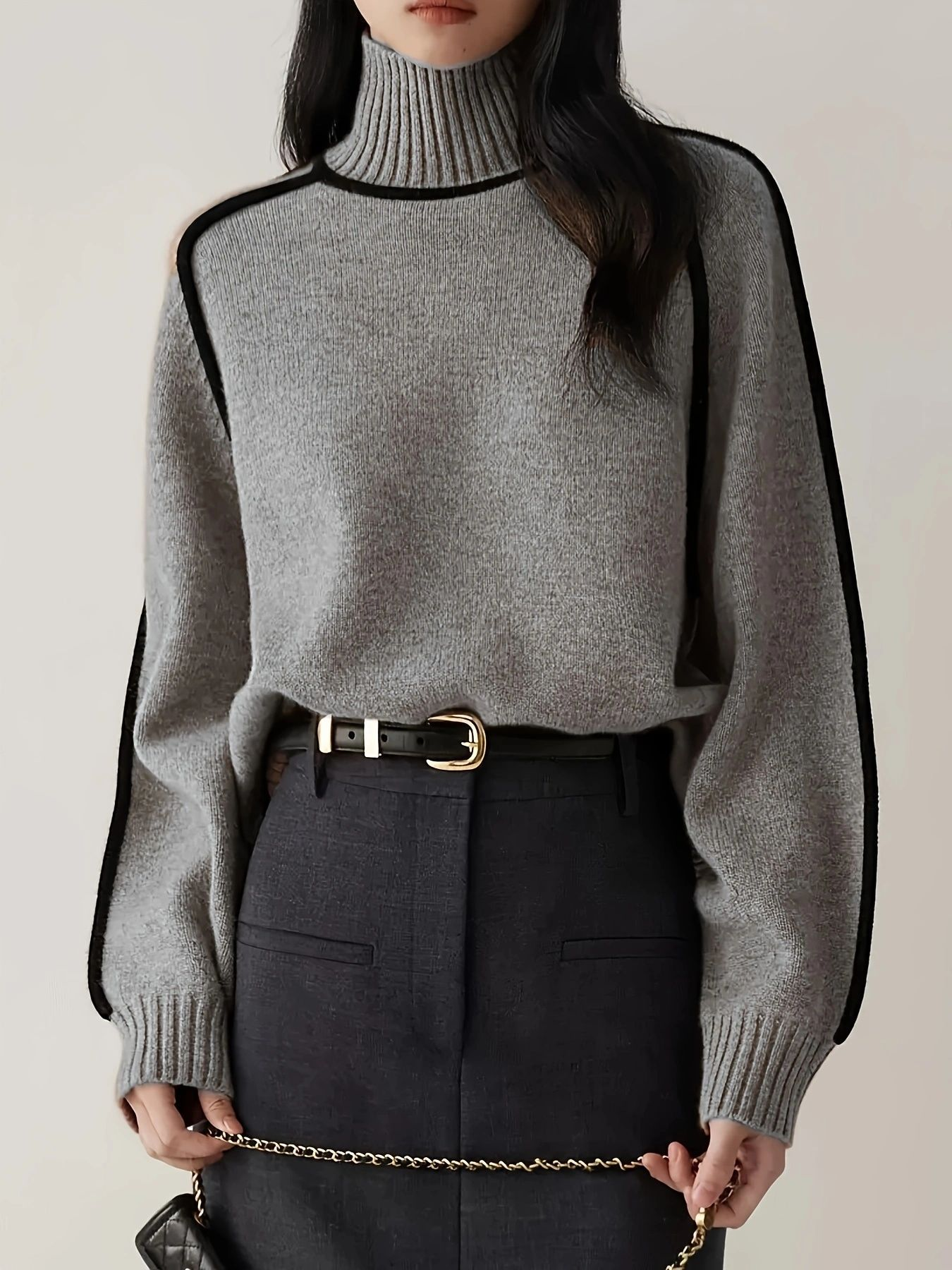 Cozy Contrast-Trim Turtleneck Sweater