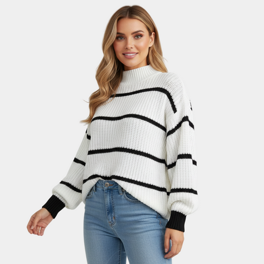 Classic Black & White Stripe Mock-Neck Sweater