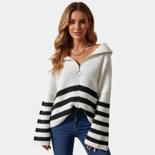 Women’s Contrast Stripe Zip-Up Knit Sweater