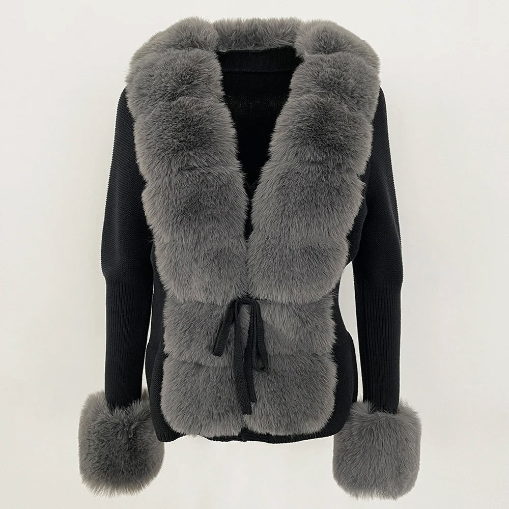 Faux Fur Trim Knit Cardigan